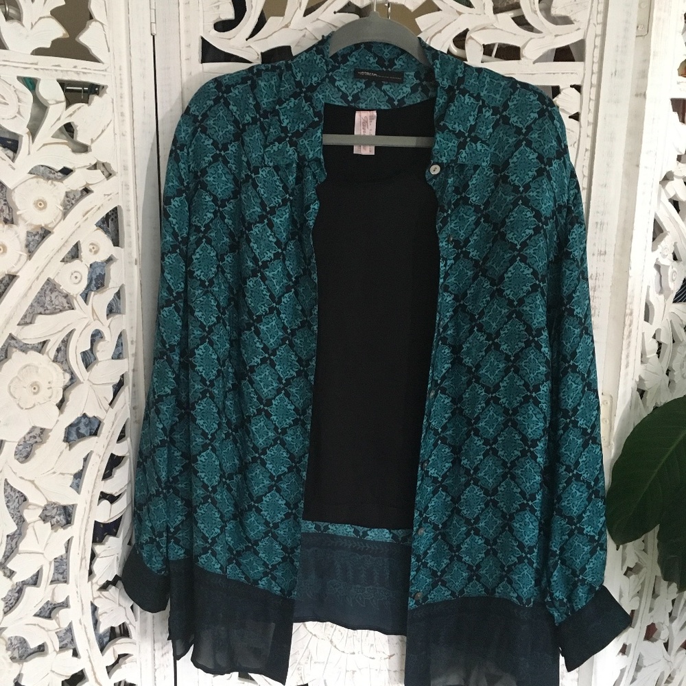 100% silk blue & black shear button down shirt